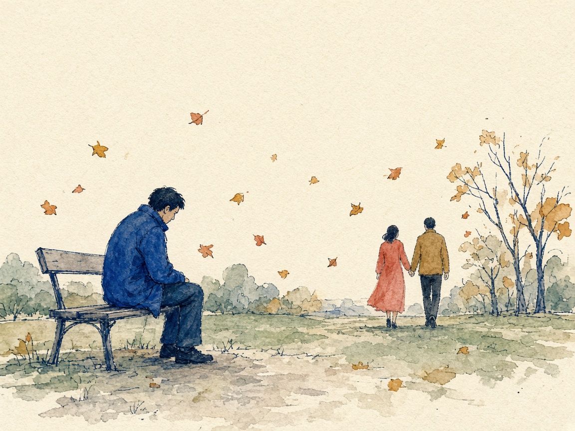 Watercolour illustration of a man sitting alone and bowed on a park bench under falling autumn leaves while, in the distance, a woman walks away holding hands with another man