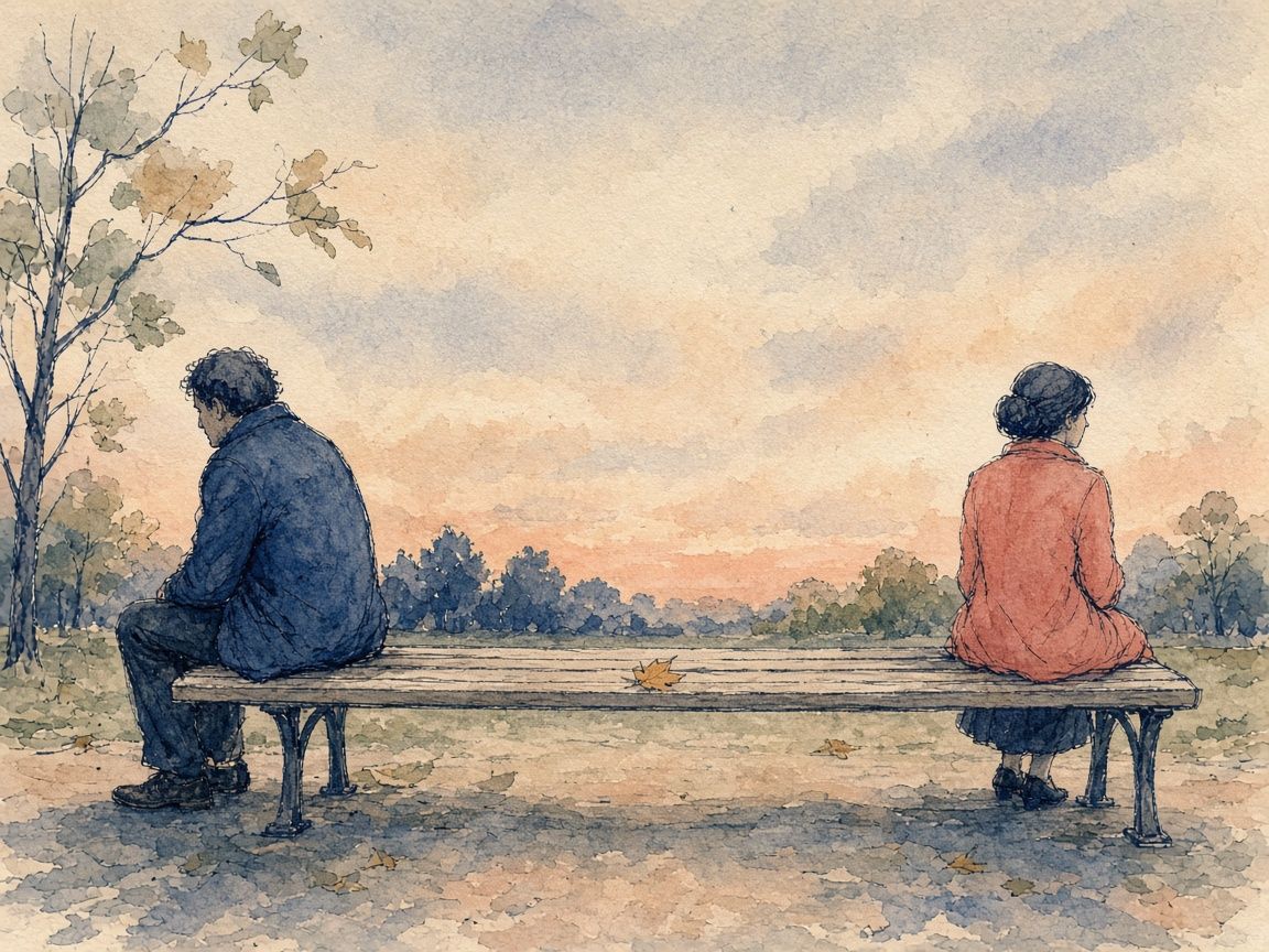 Watercolour illustration of a man and a woman at dusk sitting at opposite ends of a long park bench, turned away from each other, a single fallen leaf in the empty space between them